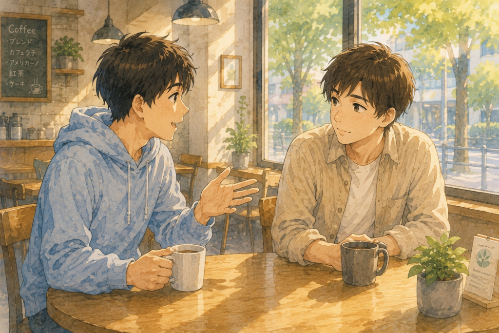 友達とふたりきりで、気まずいけど過剰に頑張らないで軽く話しかけている。