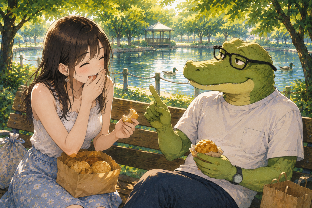 ワニオの例え話しに笑うミユ。