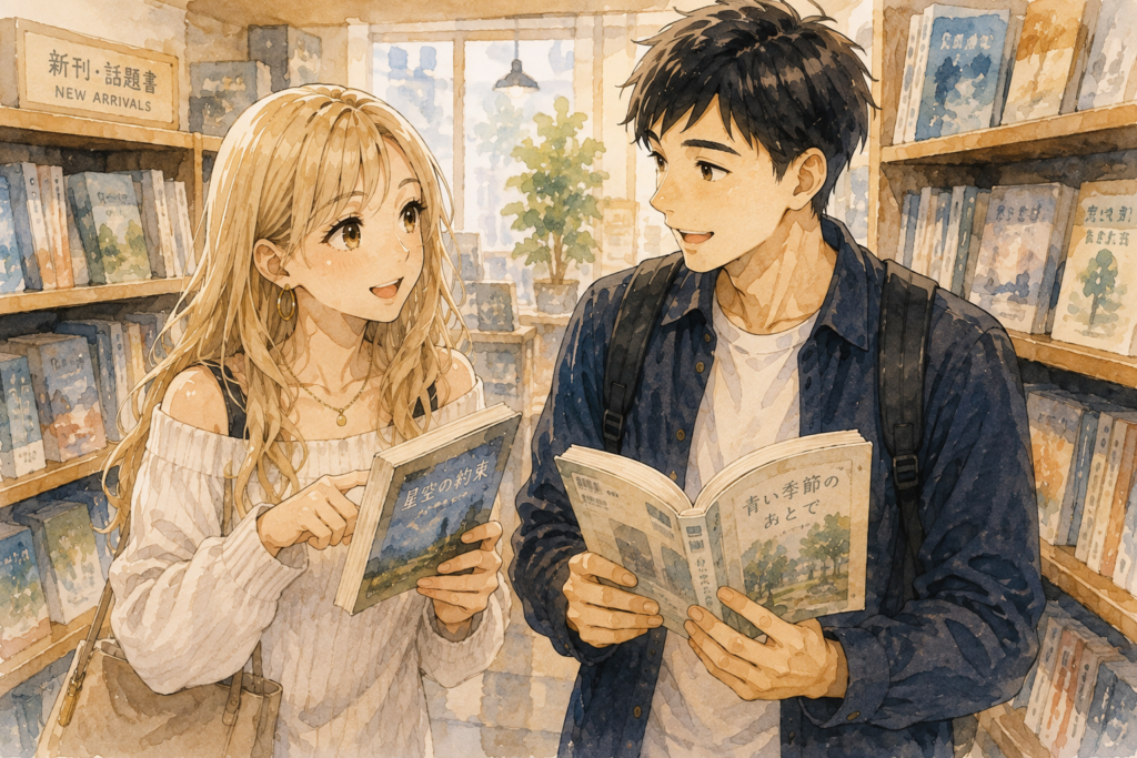 勧められた本を手に取る男性。仲良くなりたい気持ちがある。