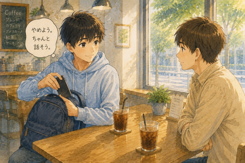 ふたりきりが気まずくてスマホをみようとするが止める男性。